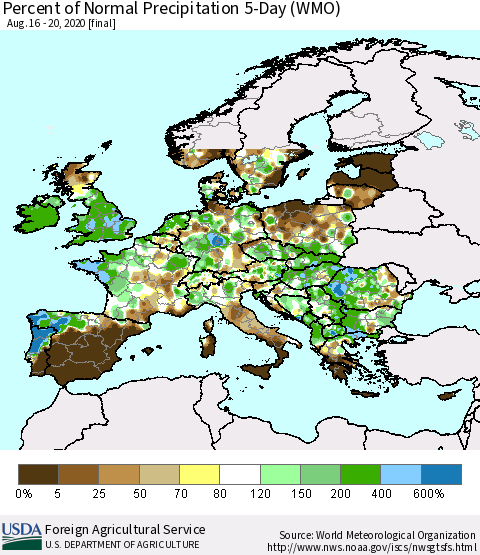 Europe Percent of Normal Precipitation 5-Day (WMO) Thematic Map For 8/16/2020 - 8/20/2020