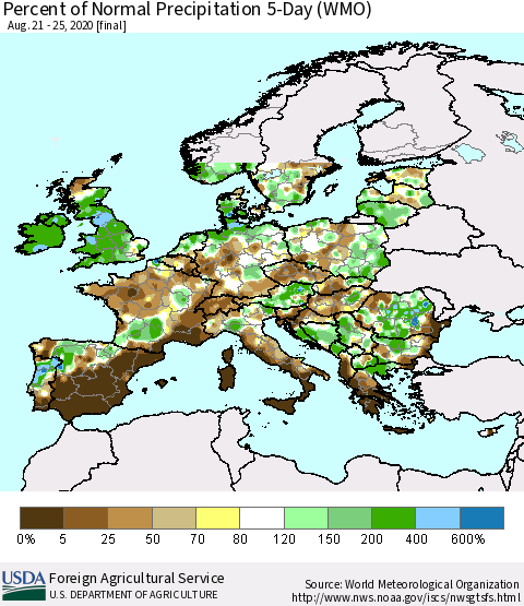 Europe Percent of Normal Precipitation 5-Day (WMO) Thematic Map For 8/21/2020 - 8/25/2020