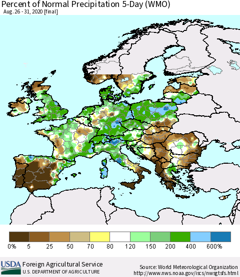 Europe Percent of Normal Precipitation 5-Day (WMO) Thematic Map For 8/26/2020 - 8/31/2020