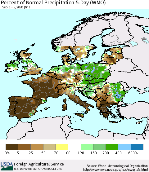 Europe Percent of Normal Precipitation 5-Day (WMO) Thematic Map For 9/1/2020 - 9/5/2020