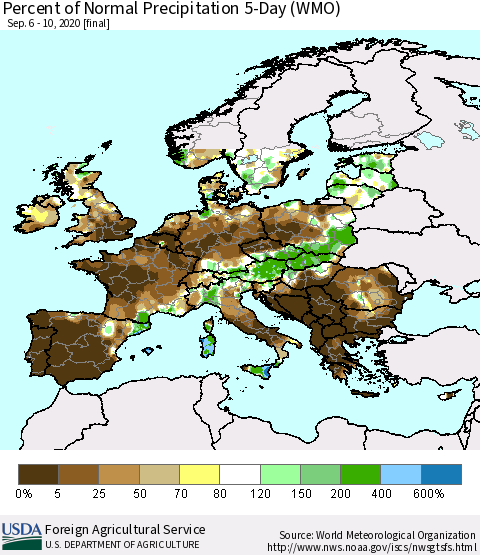 Europe Percent of Normal Precipitation 5-Day (WMO) Thematic Map For 9/6/2020 - 9/10/2020