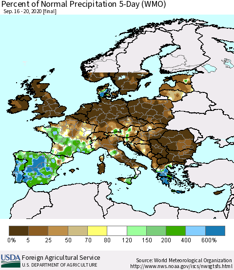 Europe Percent of Normal Precipitation 5-Day (WMO) Thematic Map For 9/16/2020 - 9/20/2020
