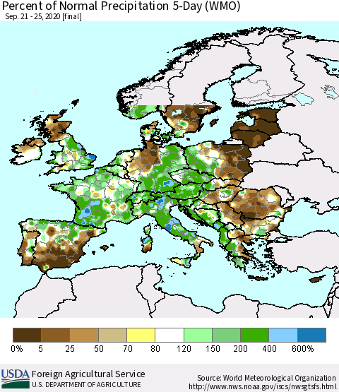 Europe Percent of Normal Precipitation 5-Day (WMO) Thematic Map For 9/21/2020 - 9/25/2020