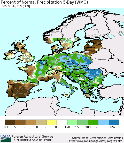 Europe Percent of Normal Precipitation 5-Day (WMO) Thematic Map For 9/26/2020 - 9/30/2020