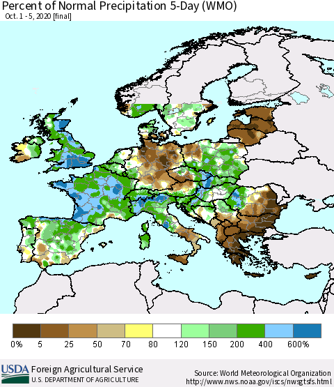 Europe Percent of Normal Precipitation 5-Day (WMO) Thematic Map For 10/1/2020 - 10/5/2020