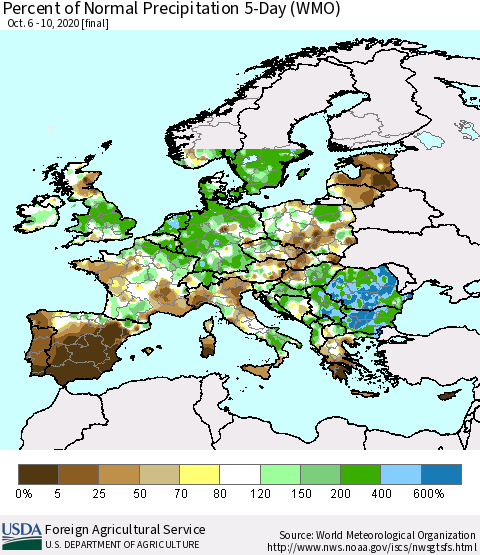 Europe Percent of Normal Precipitation 5-Day (WMO) Thematic Map For 10/6/2020 - 10/10/2020