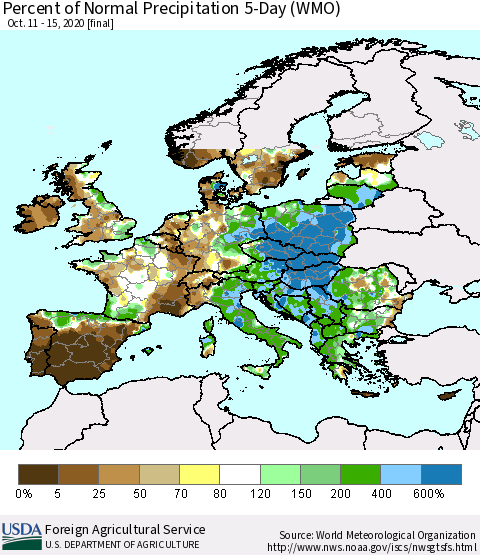 Europe Percent of Normal Precipitation 5-Day (WMO) Thematic Map For 10/11/2020 - 10/15/2020