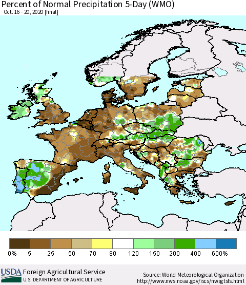 Europe Percent of Normal Precipitation 5-Day (WMO) Thematic Map For 10/16/2020 - 10/20/2020