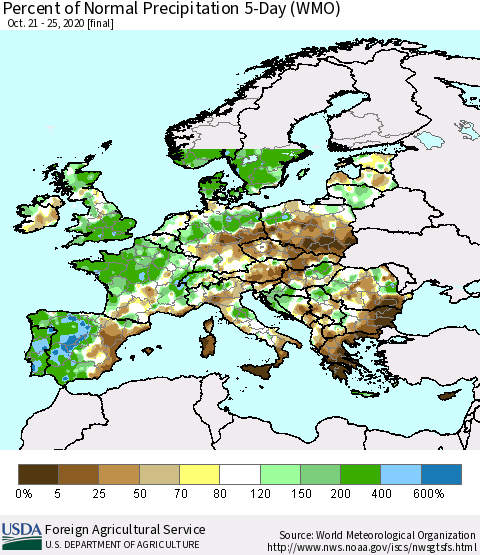 Europe Percent of Normal Precipitation 5-Day (WMO) Thematic Map For 10/21/2020 - 10/25/2020
