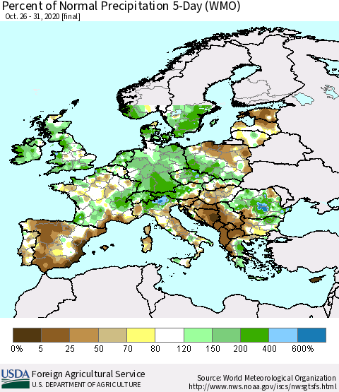 Europe Percent of Normal Precipitation 5-Day (WMO) Thematic Map For 10/26/2020 - 10/31/2020