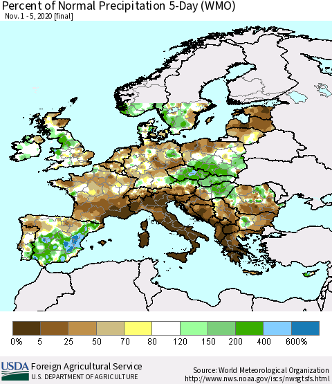 Europe Percent of Normal Precipitation 5-Day (WMO) Thematic Map For 11/1/2020 - 11/5/2020