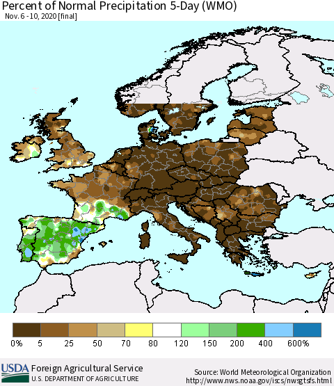 Europe Percent of Normal Precipitation 5-Day (WMO) Thematic Map For 11/6/2020 - 11/10/2020