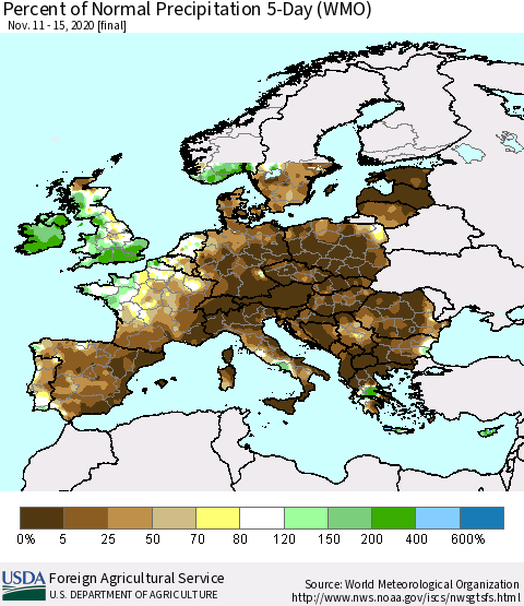 Europe Percent of Normal Precipitation 5-Day (WMO) Thematic Map For 11/11/2020 - 11/15/2020