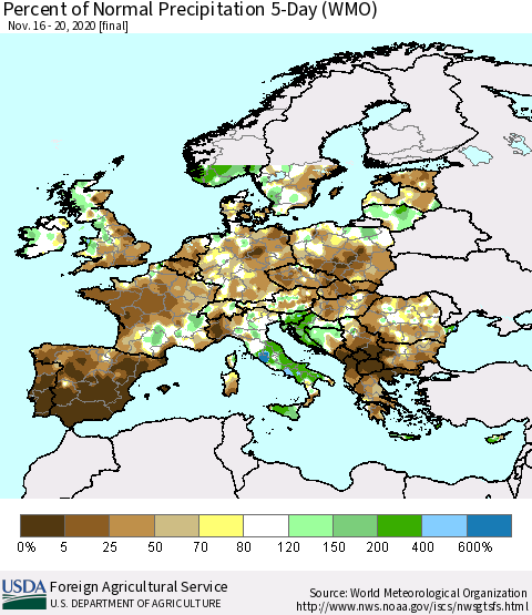Europe Percent of Normal Precipitation 5-Day (WMO) Thematic Map For 11/16/2020 - 11/20/2020