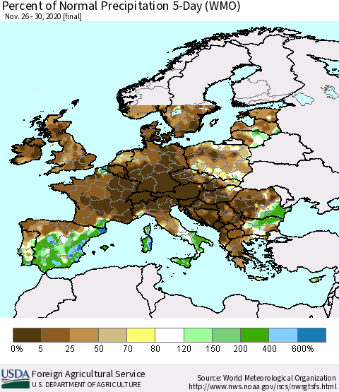 Europe Percent of Normal Precipitation 5-Day (WMO) Thematic Map For 11/26/2020 - 11/30/2020