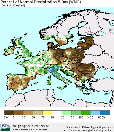 Europe Percent of Normal Precipitation 5-Day (WMO) Thematic Map For 12/1/2020 - 12/5/2020