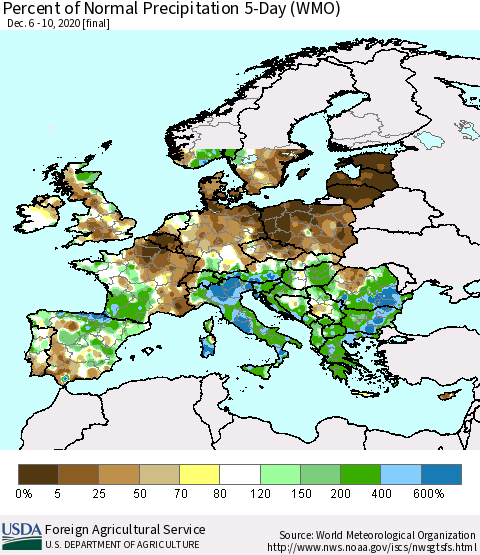 Europe Percent of Normal Precipitation 5-Day (WMO) Thematic Map For 12/6/2020 - 12/10/2020