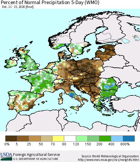 Europe Percent of Normal Precipitation 5-Day (WMO) Thematic Map For 12/11/2020 - 12/15/2020