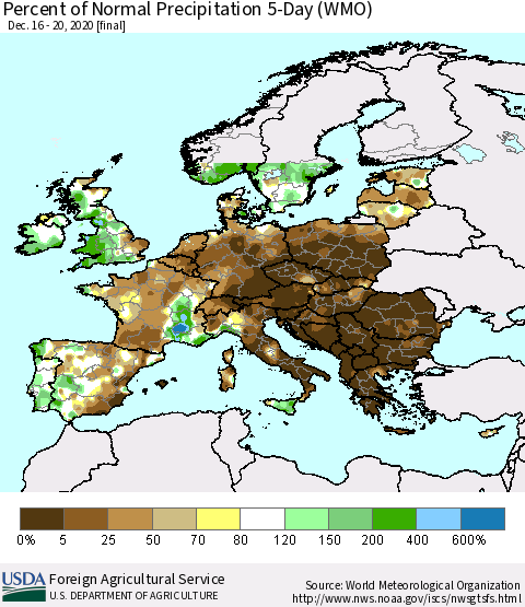 Europe Percent of Normal Precipitation 5-Day (WMO) Thematic Map For 12/16/2020 - 12/20/2020