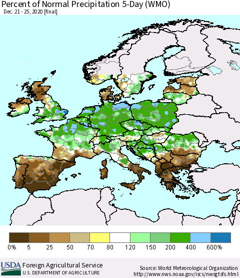 Europe Percent of Normal Precipitation 5-Day (WMO) Thematic Map For 12/21/2020 - 12/25/2020