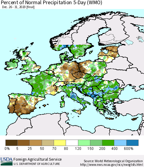 Europe Percent of Normal Precipitation 5-Day (WMO) Thematic Map For 12/26/2020 - 12/31/2020