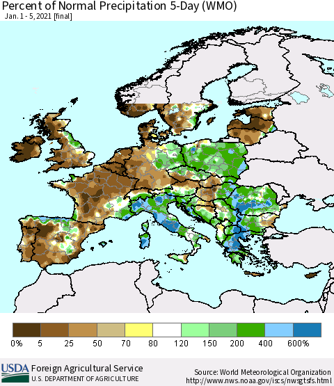 Europe Percent of Normal Precipitation 5-Day (WMO) Thematic Map For 1/1/2021 - 1/5/2021
