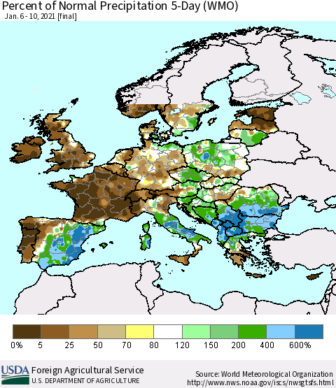 Europe Percent of Normal Precipitation 5-Day (WMO) Thematic Map For 1/6/2021 - 1/10/2021
