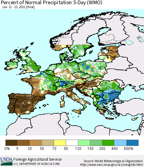 Europe Percent of Normal Precipitation 5-Day (WMO) Thematic Map For 1/11/2021 - 1/15/2021
