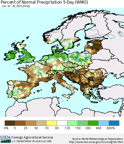 Europe Percent of Normal Precipitation 5-Day (WMO) Thematic Map For 1/16/2021 - 1/20/2021