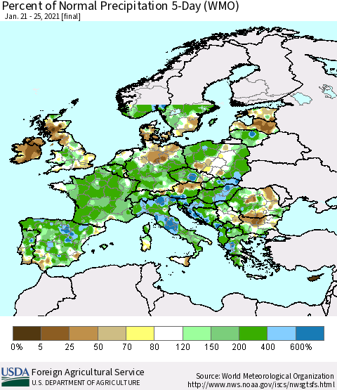 Europe Percent of Normal Precipitation 5-Day (WMO) Thematic Map For 1/21/2021 - 1/25/2021