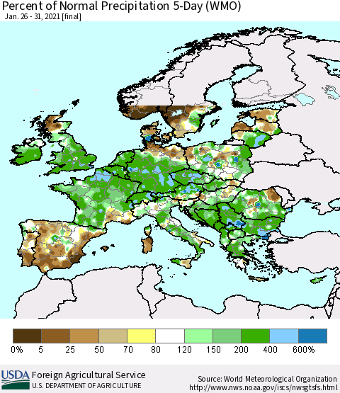 Europe Percent of Normal Precipitation 5-Day (WMO) Thematic Map For 1/26/2021 - 1/31/2021