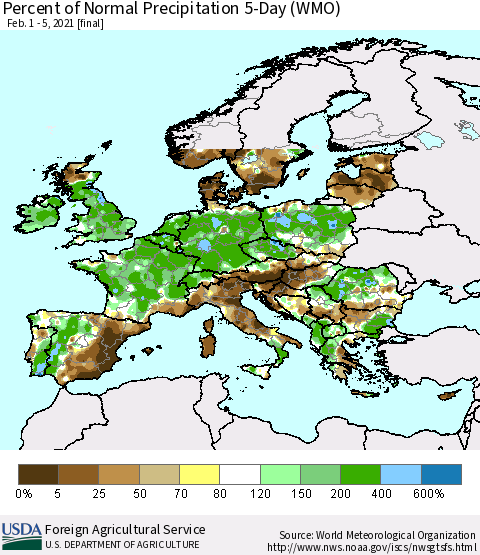 Europe Percent of Normal Precipitation 5-Day (WMO) Thematic Map For 2/1/2021 - 2/5/2021