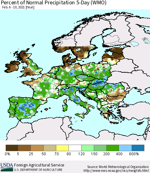 Europe Percent of Normal Precipitation 5-Day (WMO) Thematic Map For 2/6/2021 - 2/10/2021
