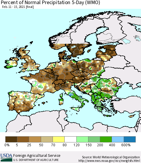 Europe Percent of Normal Precipitation 5-Day (WMO) Thematic Map For 2/11/2021 - 2/15/2021