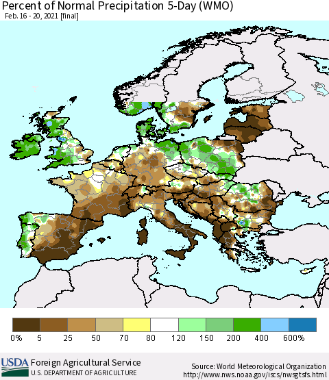 Europe Percent of Normal Precipitation 5-Day (WMO) Thematic Map For 2/16/2021 - 2/20/2021