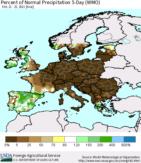 Europe Percent of Normal Precipitation 5-Day (WMO) Thematic Map For 2/21/2021 - 2/25/2021