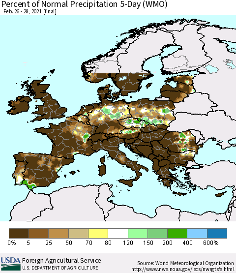 Europe Percent of Normal Precipitation 5-Day (WMO) Thematic Map For 2/26/2021 - 2/28/2021