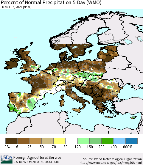 Europe Percent of Normal Precipitation 5-Day (WMO) Thematic Map For 3/1/2021 - 3/5/2021