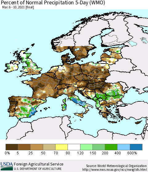 Europe Percent of Normal Precipitation 5-Day (WMO) Thematic Map For 3/6/2021 - 3/10/2021