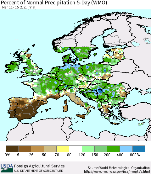 Europe Percent of Normal Precipitation 5-Day (WMO) Thematic Map For 3/11/2021 - 3/15/2021