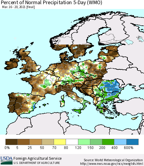 Europe Percent of Normal Precipitation 5-Day (WMO) Thematic Map For 3/16/2021 - 3/20/2021