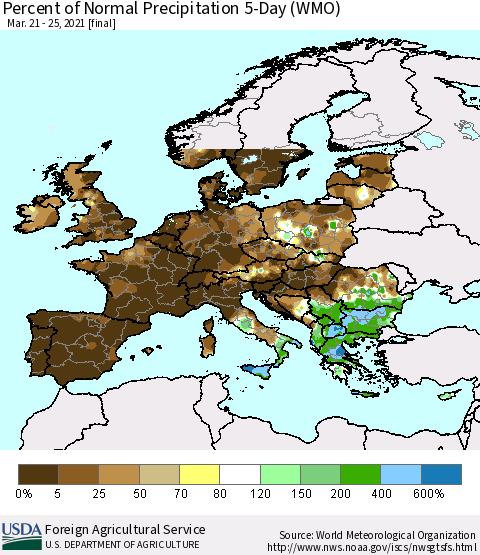 Europe Percent of Normal Precipitation 5-Day (WMO) Thematic Map For 3/21/2021 - 3/25/2021