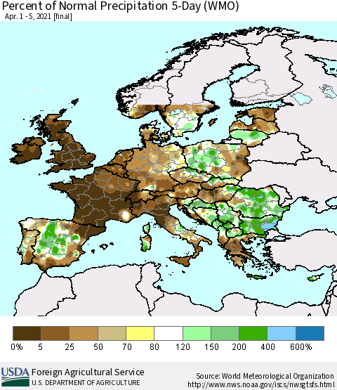 Europe Percent of Normal Precipitation 5-Day (WMO) Thematic Map For 4/1/2021 - 4/5/2021
