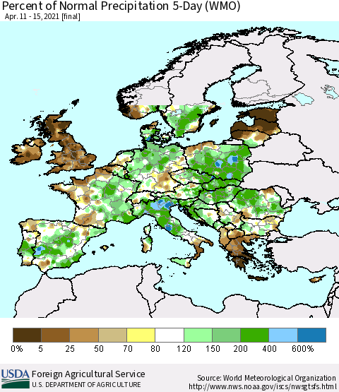 Europe Percent of Normal Precipitation 5-Day (WMO) Thematic Map For 4/11/2021 - 4/15/2021
