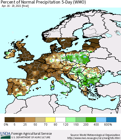 Europe Percent of Normal Precipitation 5-Day (WMO) Thematic Map For 4/16/2021 - 4/20/2021