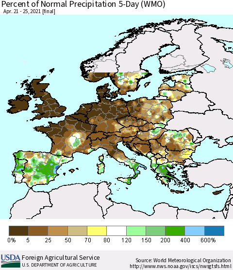 Europe Percent of Normal Precipitation 5-Day (WMO) Thematic Map For 4/21/2021 - 4/25/2021