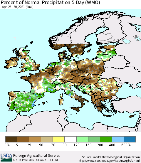 Europe Percent of Normal Precipitation 5-Day (WMO) Thematic Map For 4/26/2021 - 4/30/2021