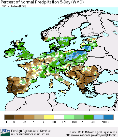 Europe Percent of Normal Precipitation 5-Day (WMO) Thematic Map For 5/1/2021 - 5/5/2021