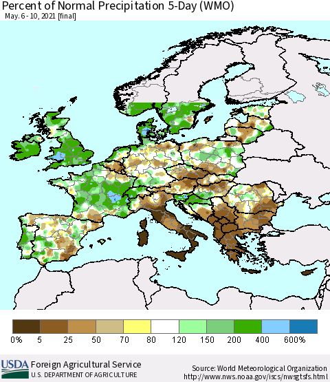 Europe Percent of Normal Precipitation 5-Day (WMO) Thematic Map For 5/6/2021 - 5/10/2021