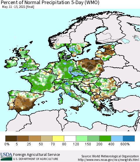 Europe Percent of Normal Precipitation 5-Day (WMO) Thematic Map For 5/11/2021 - 5/15/2021